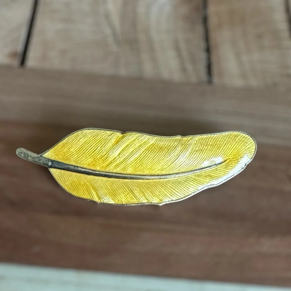 VTG E Dragsted Feather Brooch Pin 2.875 Inch Denmark Gold Enamel‎ Sterling 13.8g